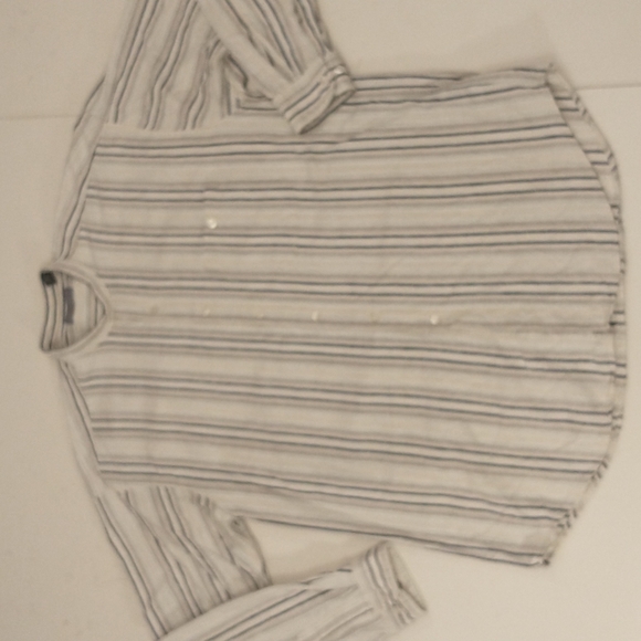 Natural Fiber USA Made XL Shirt Linen Cotton Band Collar Button Front Striped - Picture 7 of 8